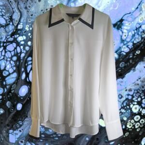Rachel Roy Medium long sleeve white and blue polyester blend button down blouse